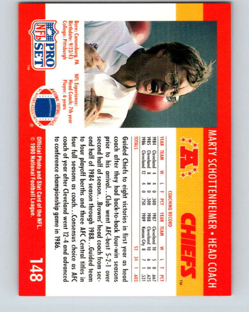 1990 Pro Set #148 Marty Schottenheimer Mint Kansas City Chiefs Image 2