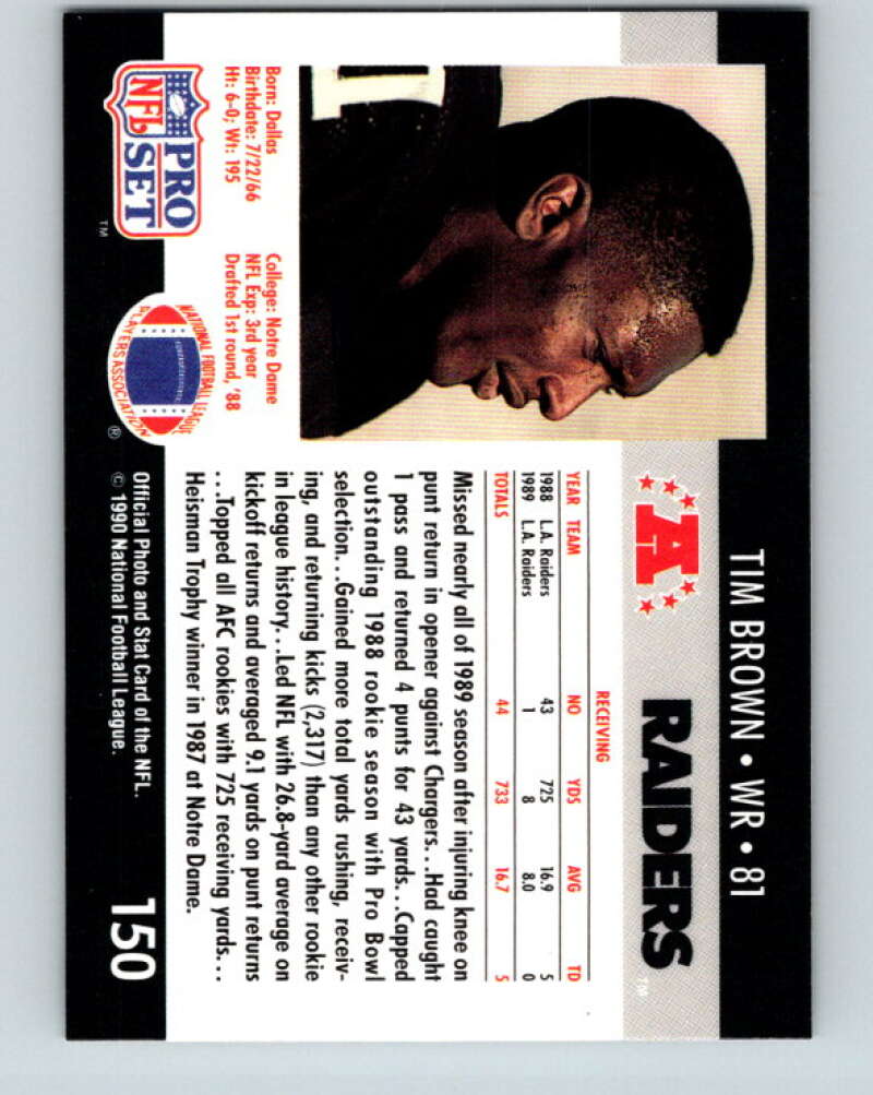 1990 Pro Set #150 Tim Brown Mint Los Angeles Raiders Image 2