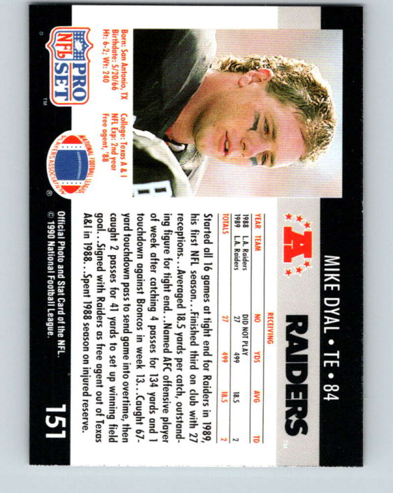 1990 Pro Set #151 Mike Dyal Mint RC Rookie Los Angeles Raiders Image 2