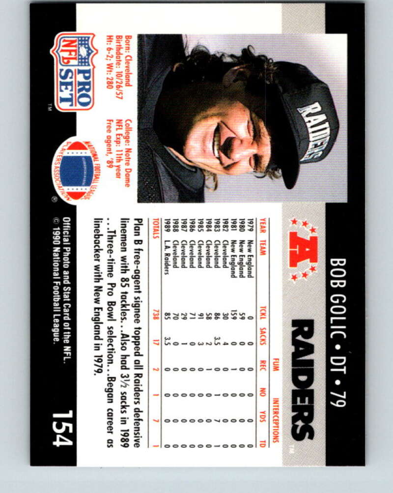 1990 Pro Set #154 Bob Golic Mint Los Angeles Raiders Image 2