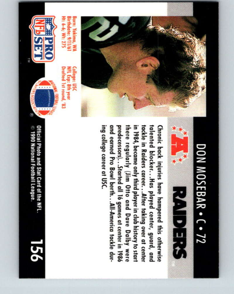 1990 Pro Set #156 Don Mosebar Mint Los Angeles Raiders Image 2