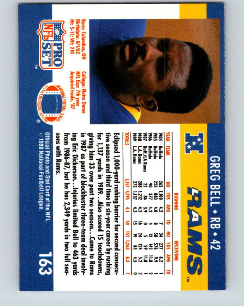 1990 Pro Set #163 Greg Bell Mint Los Angeles Rams Image 2