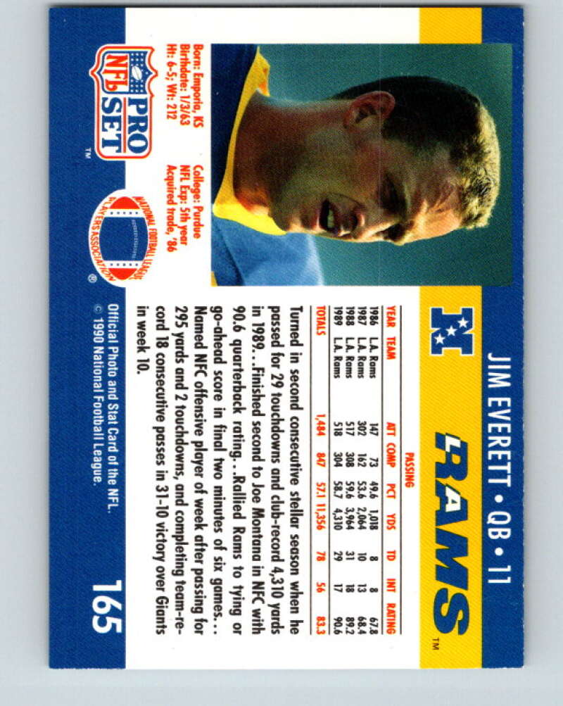 1990 Pro Set #165 Jim Everett Mint Los Angeles Rams Image 2