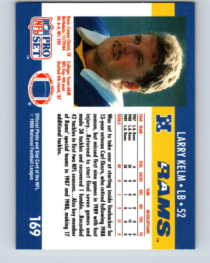 1990 Pro Set #169 Larry Kelm Mint RC Rookie Los Angeles Rams Image 2