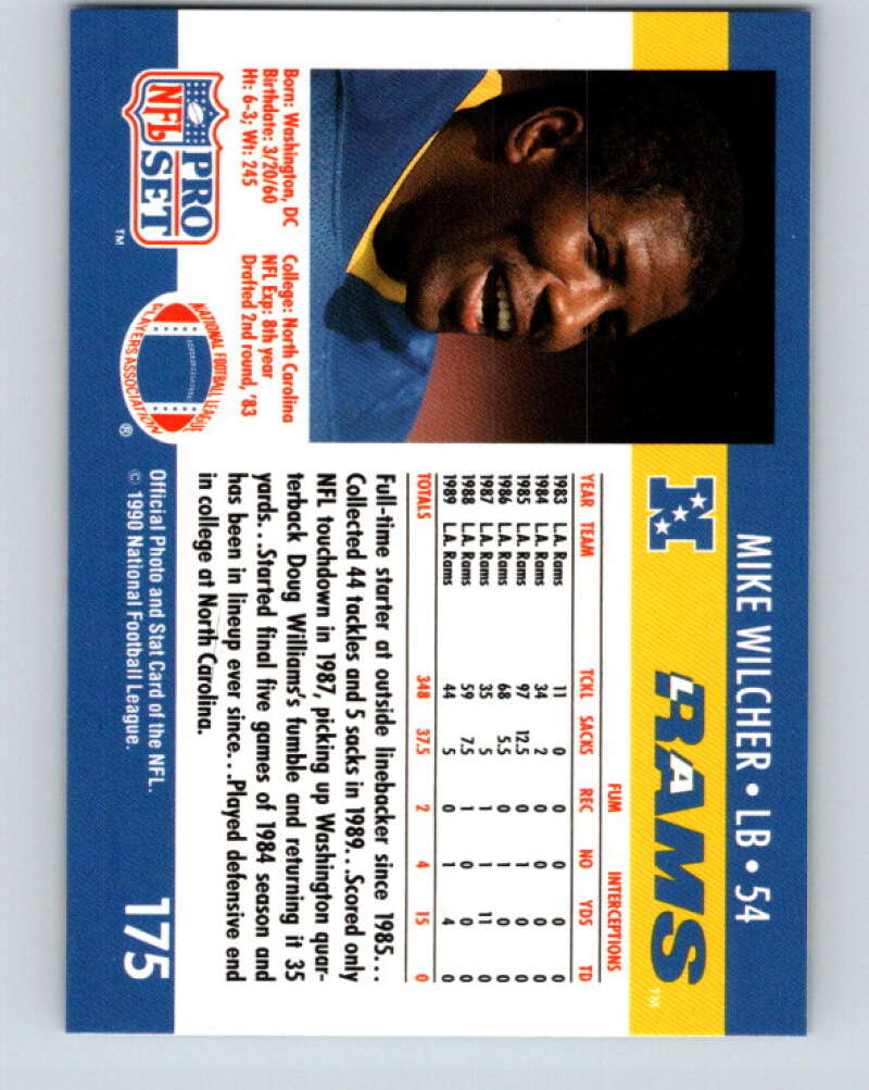 1990 Pro Set #175 Mike Wilcher Mint Los Angeles Rams Image 2