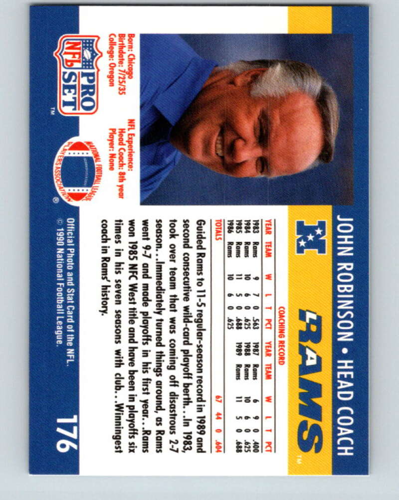 1990 Pro Set #176 John Robinson Mint Los Angeles Rams Image 2