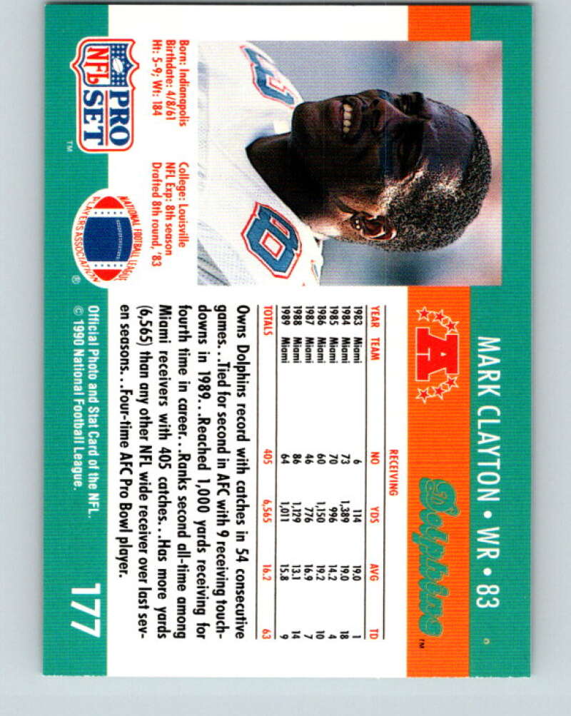 1990 Pro Set #177 Mark Clayton Mint Miami Dolphins Image 2