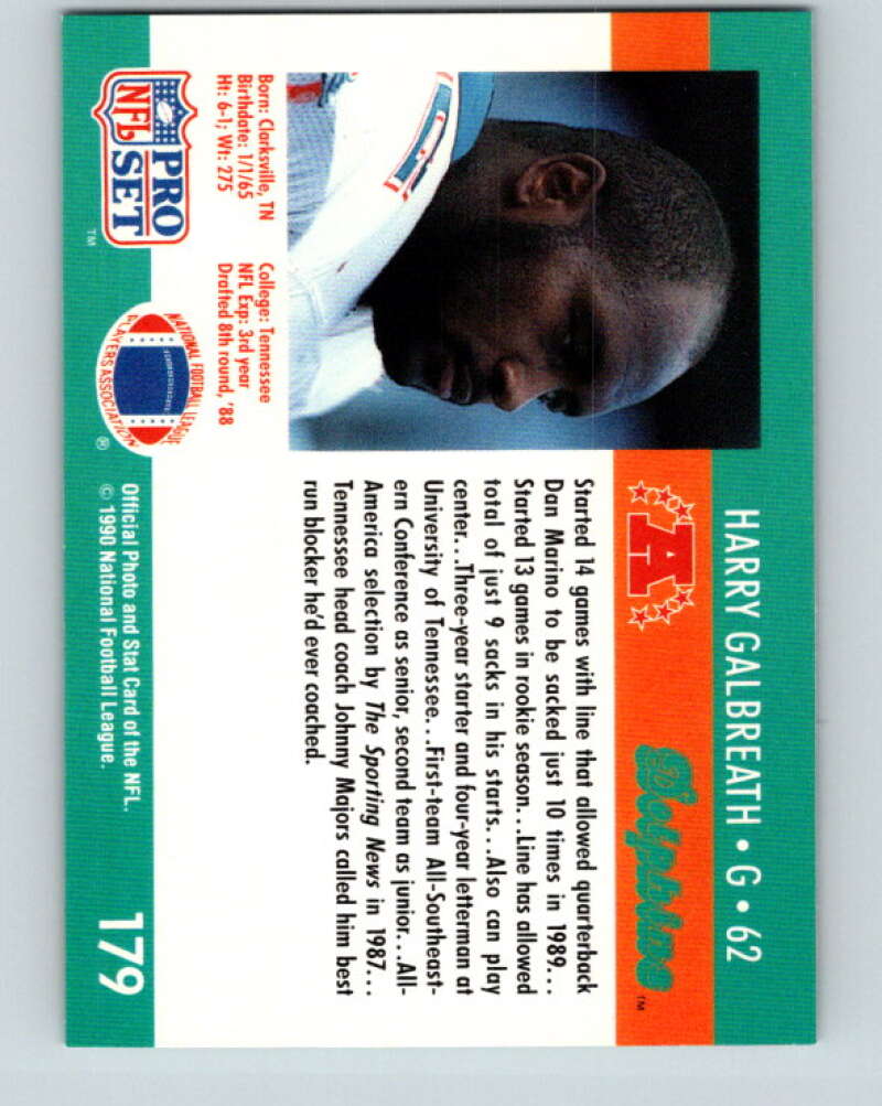 1990 Pro Set #179 Harry Galbreath Mint RC Rookie Miami Dolphins Image 2