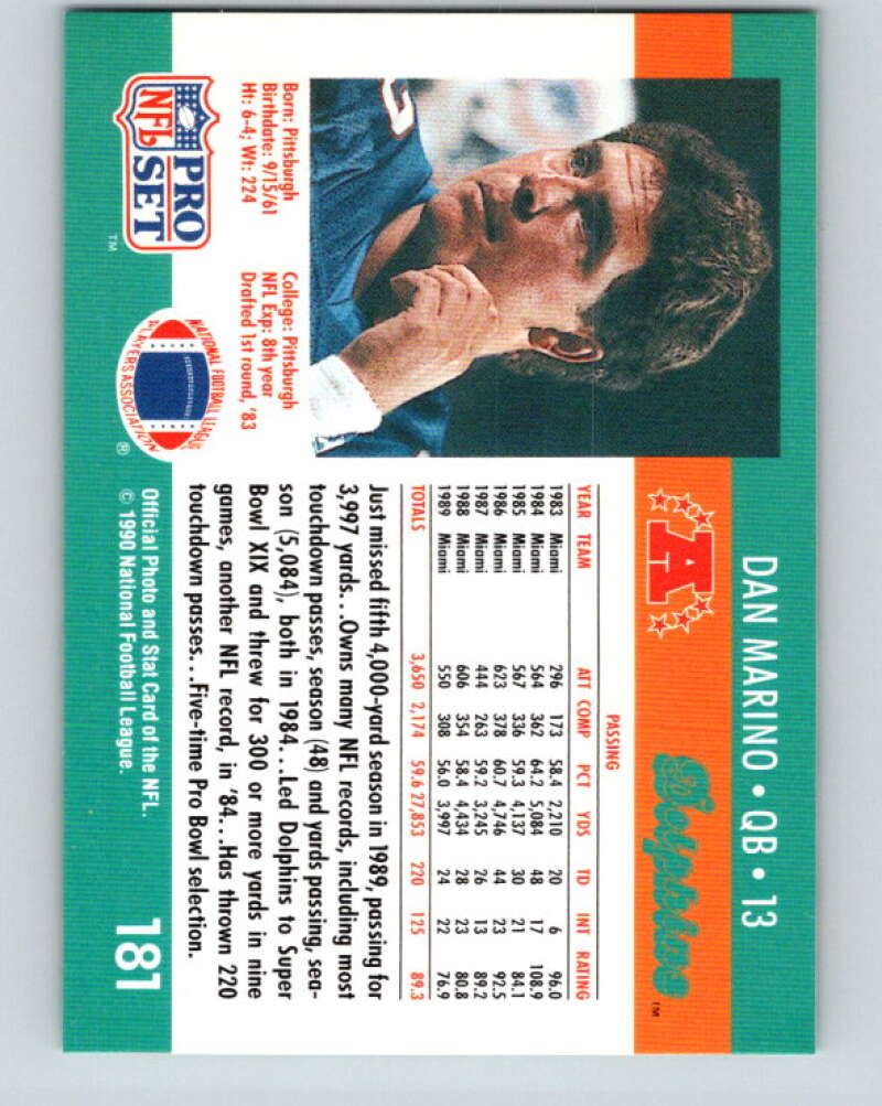 1990 Pro Set #181 Dan Marino Mint Miami Dolphins Image 2