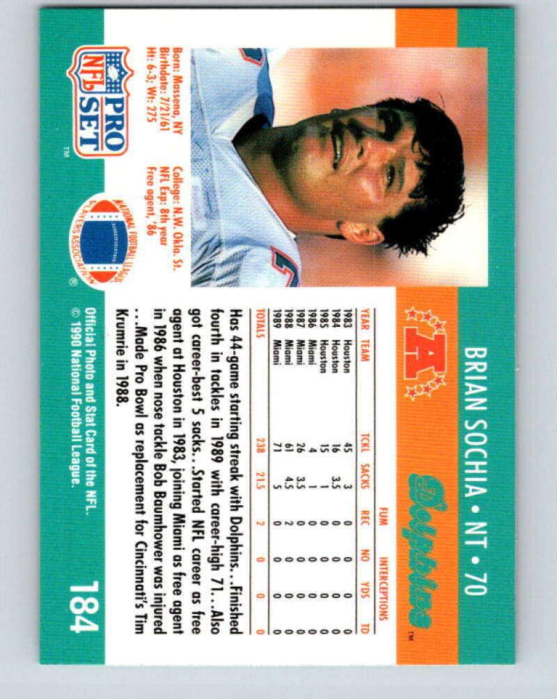 1990 Pro Set #184 Brian Sochia Mint Miami Dolphins Image 2