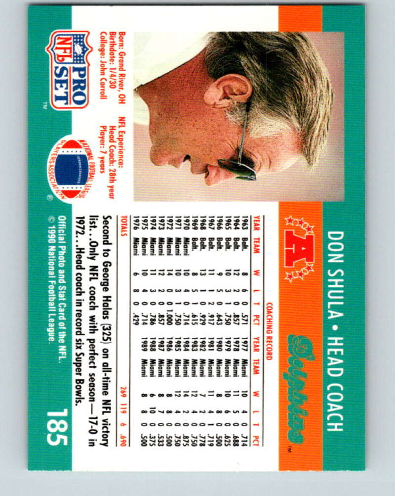1990 Pro Set #185 Don Shula Mint Miami Dolphins Image 2