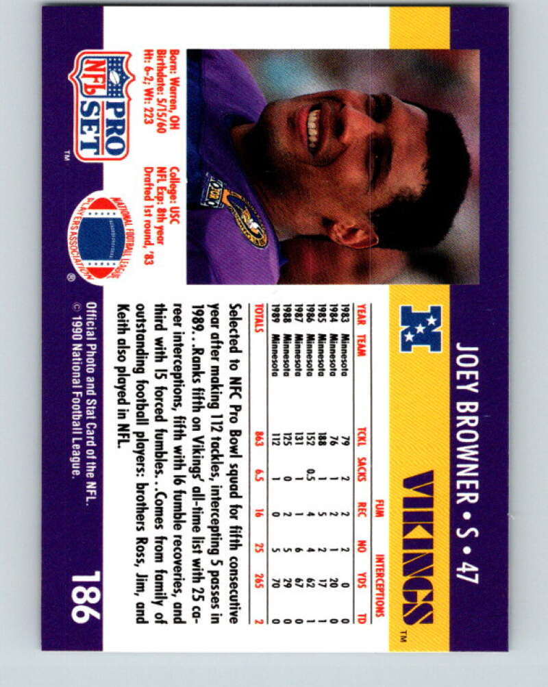 1990 Pro Set #186 Joey Browner Mint Minnesota Vikings Image 2