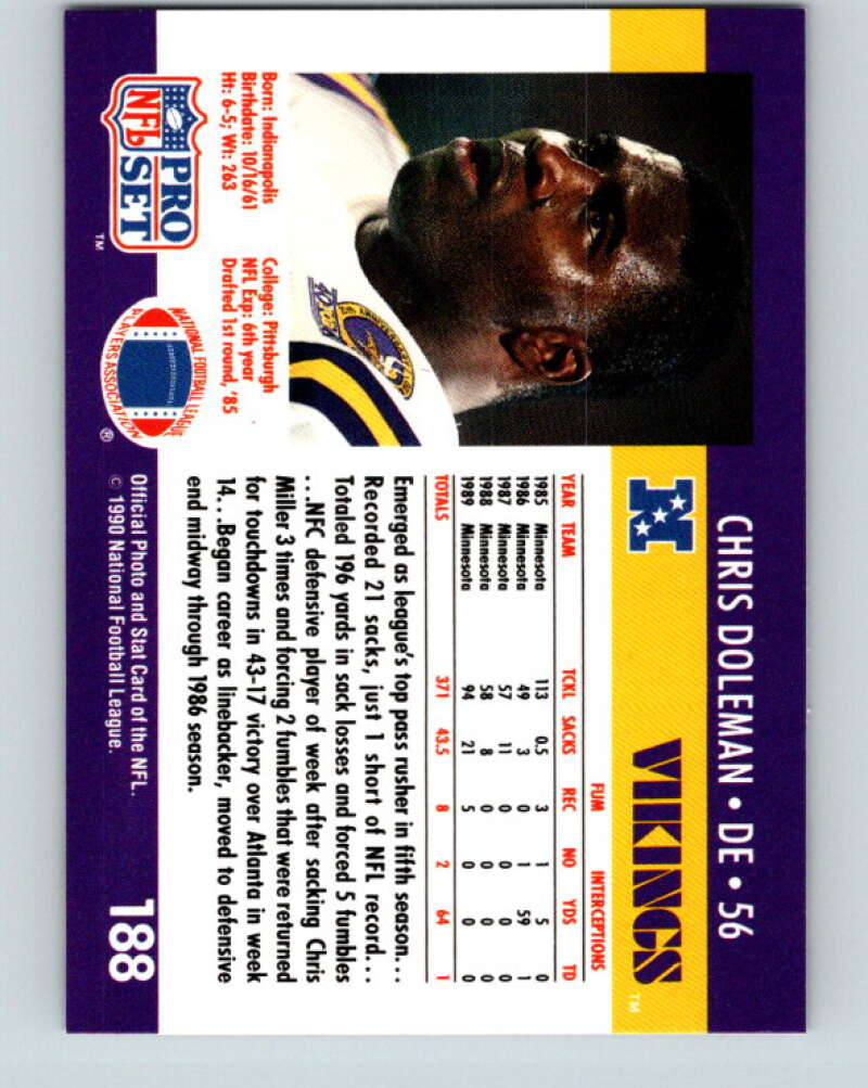 1990 Pro Set #188 Chris Doleman Mint Minnesota Vikings Image 2