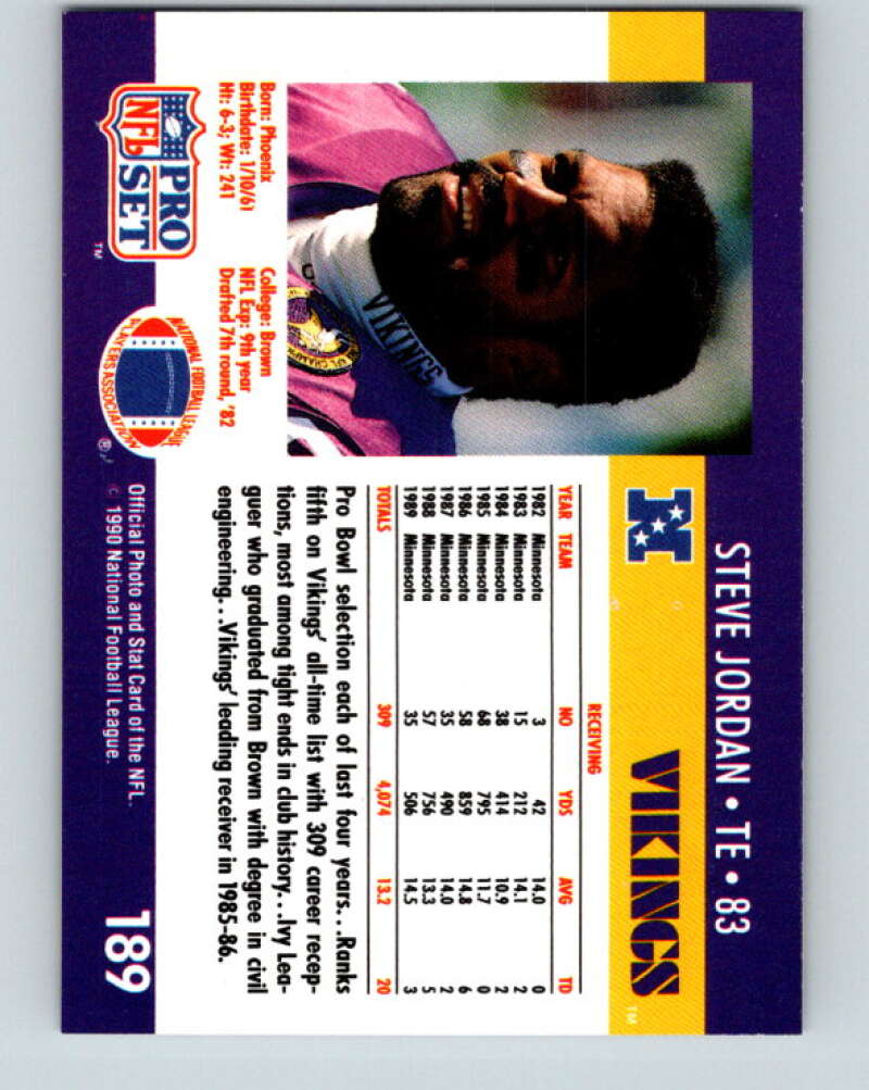 1990 Pro Set #189 Steve Jordan Mint Minnesota Vikings Image 2