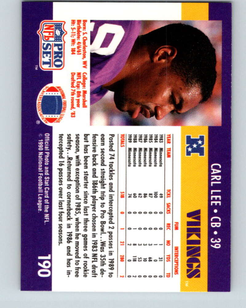 1990 Pro Set #190 Carl Lee Mint Minnesota Vikings Image 2