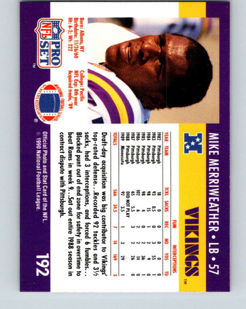 1990 Pro Set #192 Mike Merriweather Mint Minnesota Vikings Image 2