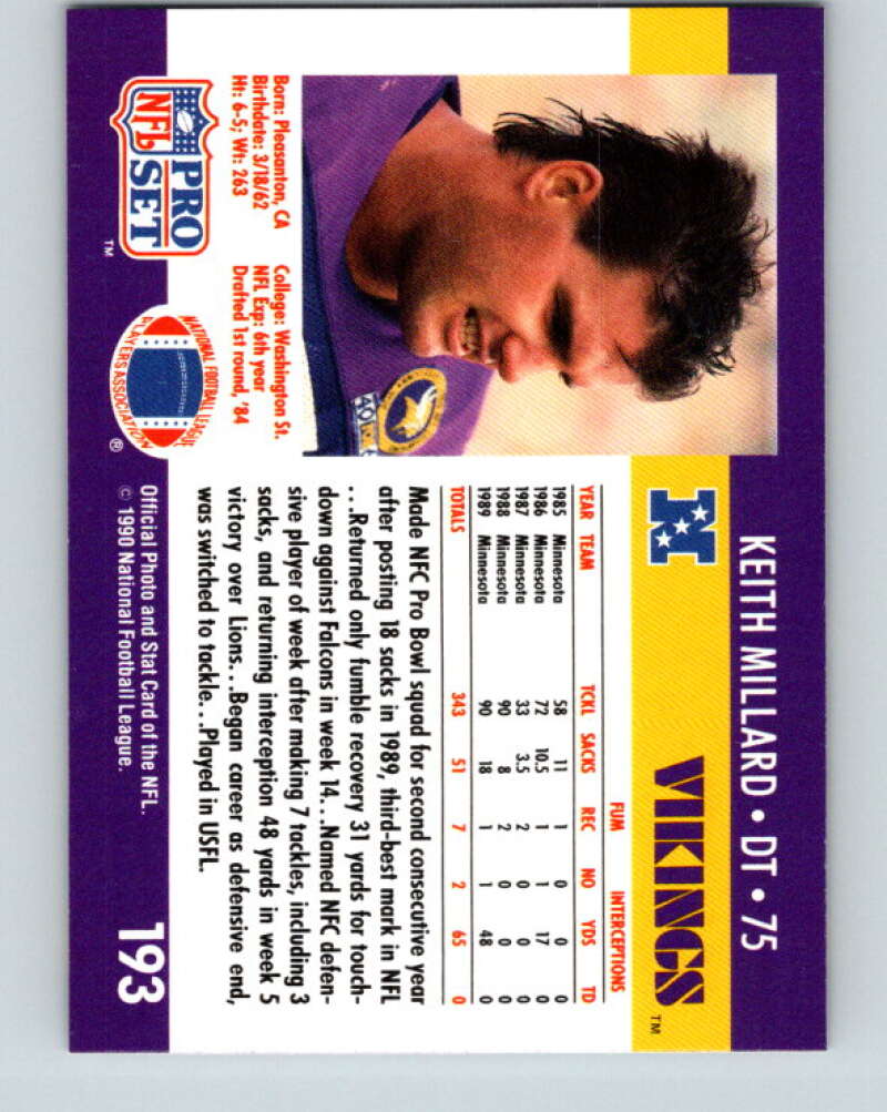 1990 Pro Set #193 Keith Millard Mint Minnesota Vikings Image 2