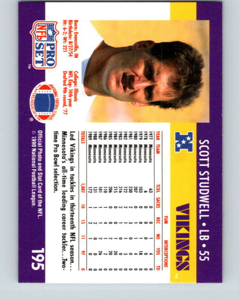 1990 Pro Set #195 Scott Studwell Mint Minnesota Vikings Image 2