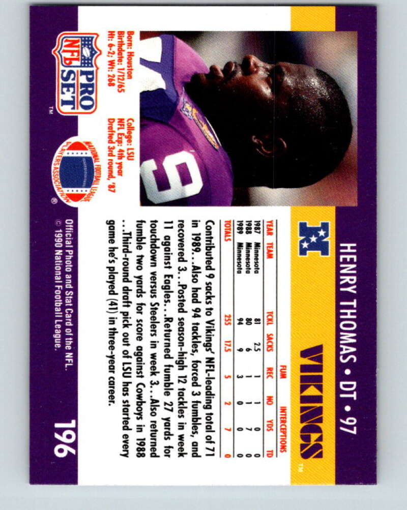 1990 Pro Set #196 Henry Thomas Mint Minnesota Vikings Image 2