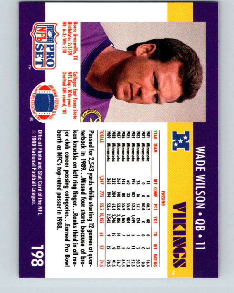 1990 Pro Set #198 Wade Wilson Mint Minnesota Vikings Image 2