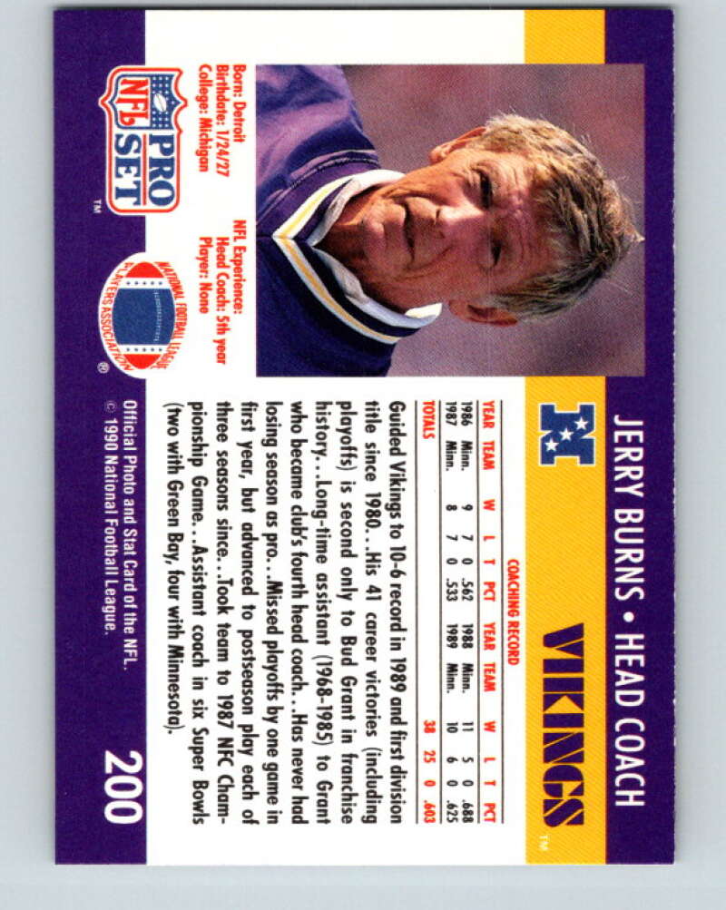 1990 Pro Set #200 Jerry Burns Mint Minnesota Vikings Image 2