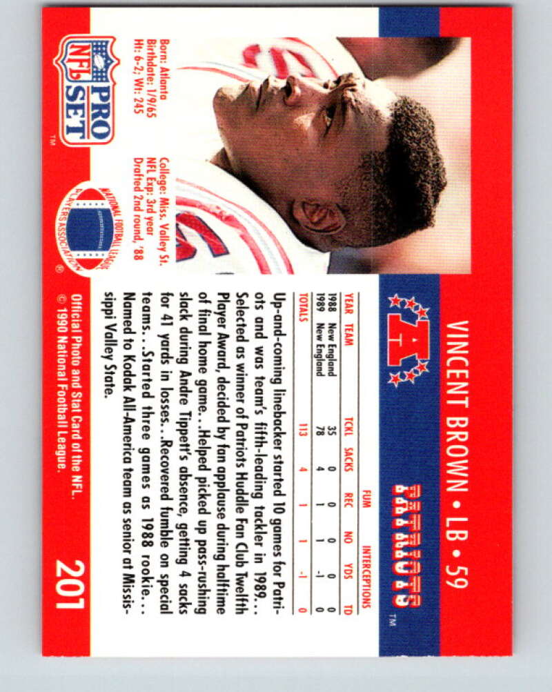 1990 Pro Set #201 Vincent Brown Mint RC Rookie New England Patriots