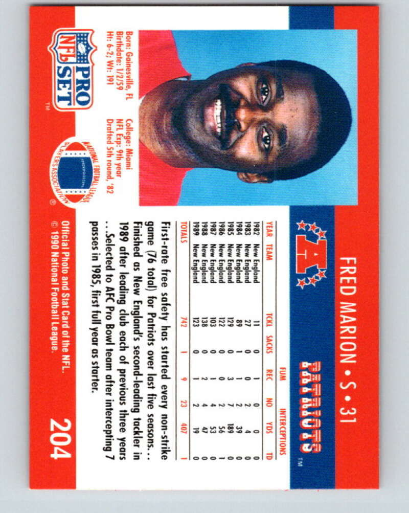 1990 Pro Set #204 Fred Marion Mint New England Patriots Image 2