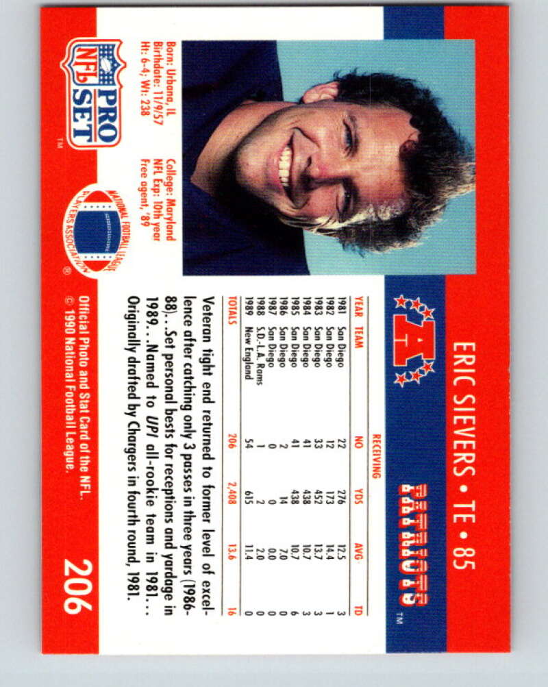 1990 Pro Set #206 Eric Sievers Mint RC Rookie New England Patriots Image 2
