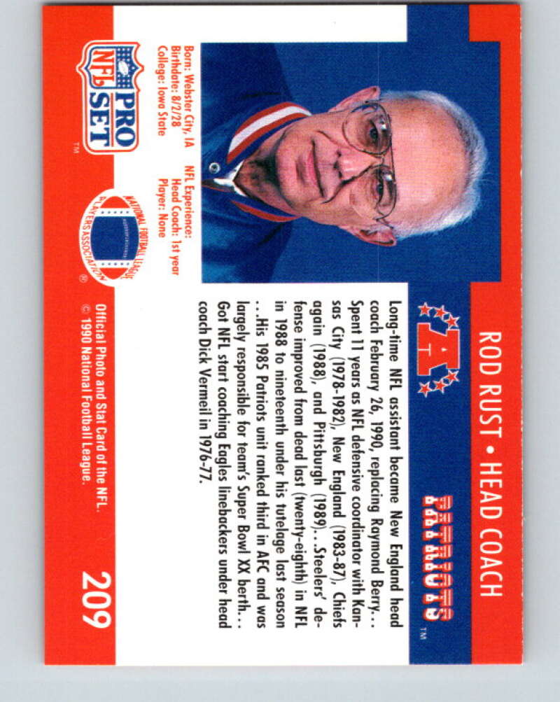 1990 Pro Set #209 Rod Rust Mint RC Rookie New England Patriots Image 2