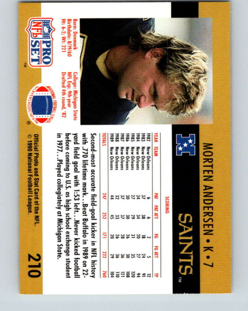 1990 Pro Set #210 Morten Andersen Mint New Orleans Saints Image 2