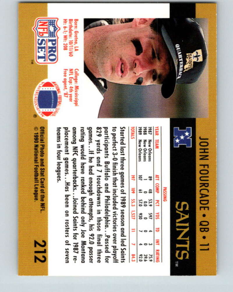 1990 Pro Set #212 John Fourcade Mint New Orleans Saints Image 2