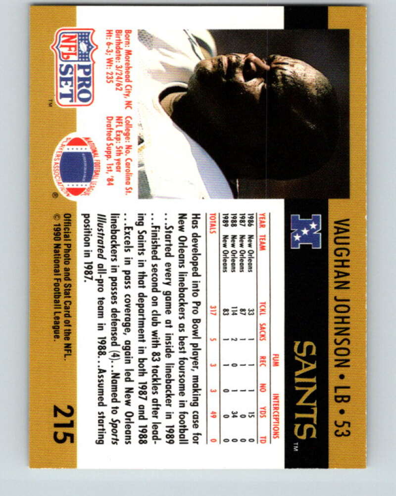 1990 Pro Set #215 Vaughan Johnson Mint New Orleans Saints Image 2