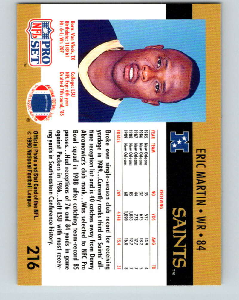 1990 Pro Set #216 Eric Martin Mint New Orleans Saints Image 2