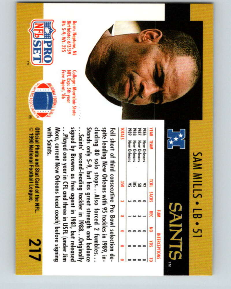 1990 Pro Set #217 Sam Mills Mint New Orleans Saints Image 2
