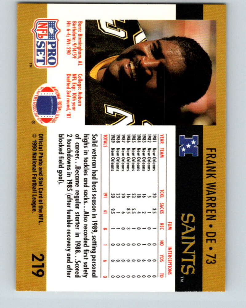 1990 Pro Set #219 Frank Warren Mint RC Rookie New Orleans Saints Image 2