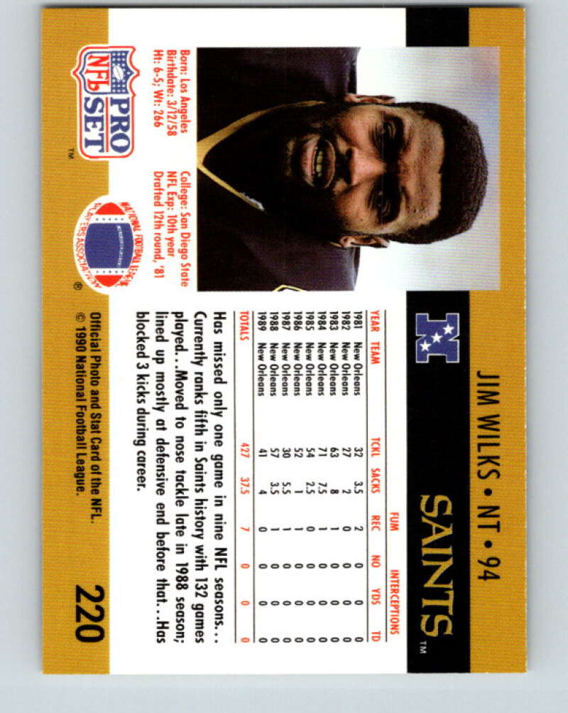 1990 Pro Set #220 Jim Wilks Mint New Orleans Saints Image 2