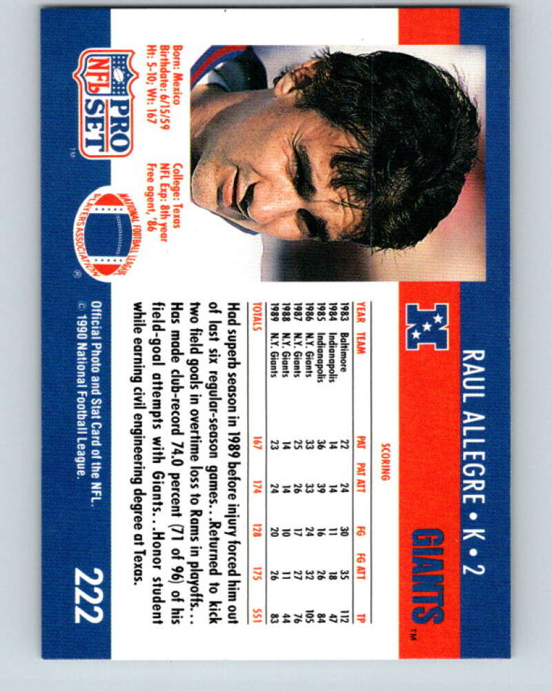 1990 Pro Set #222 Raul Allegre Mint New York Giants Image 2