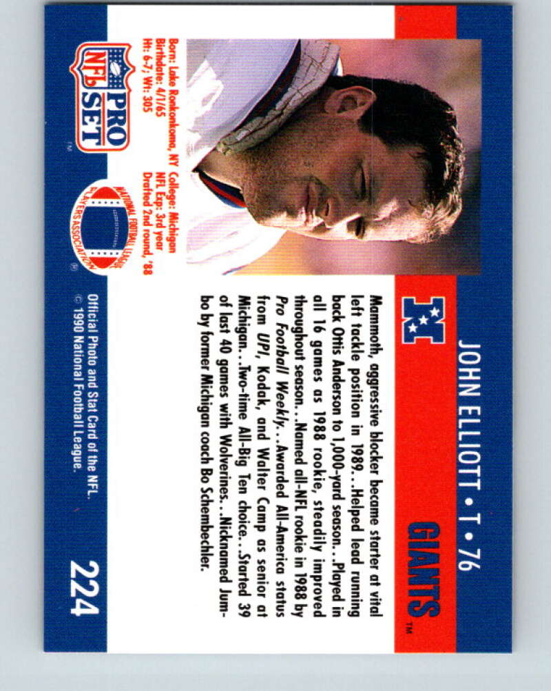 1990 Pro Set #224 John Elliott Mint New York Giants Image 2