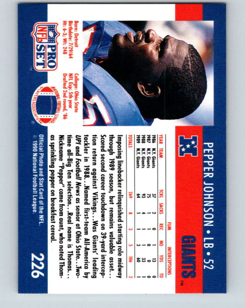 1990 Pro Set #226 Pepper Johnson Mint New York Giants Image 2