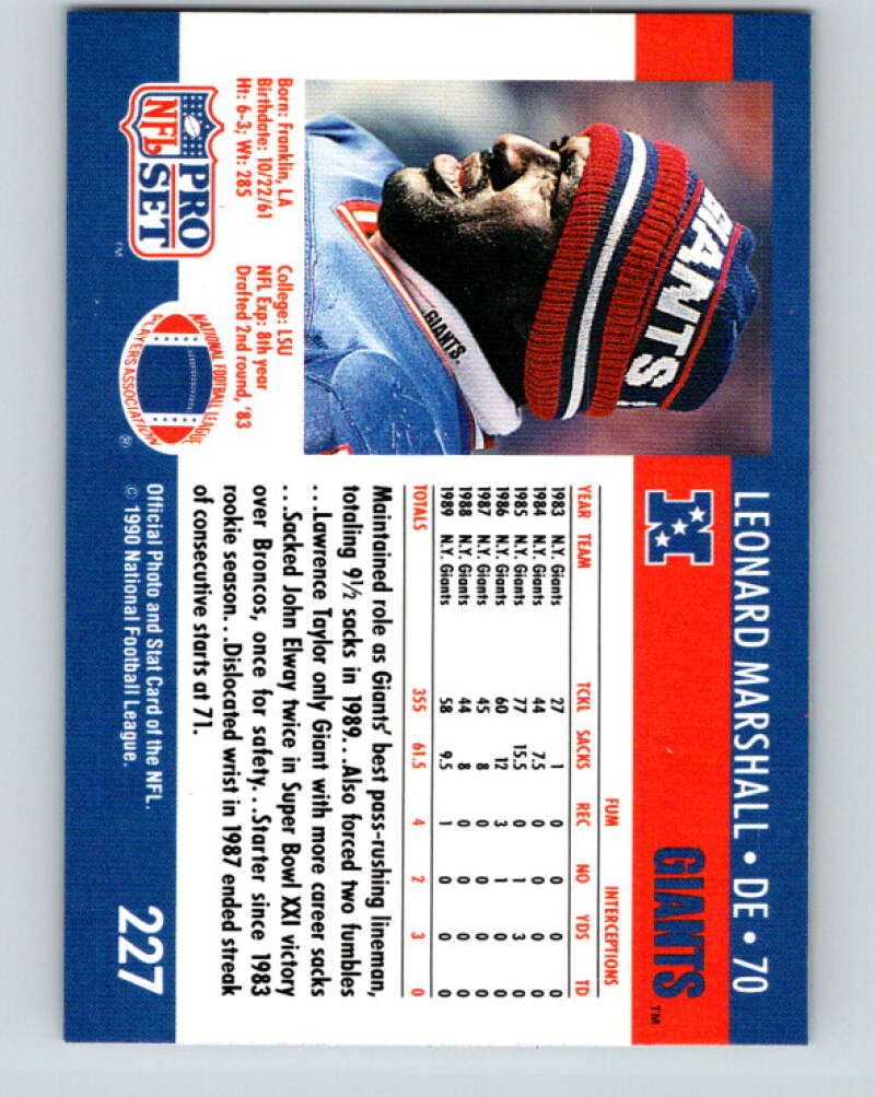 1990 Pro Set #227 Leonard Marshall Mint New York Giants Image 2