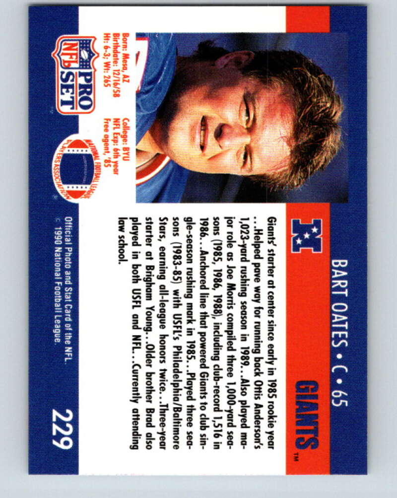 1990 Pro Set #229 Bart Oates Mint New York Giants Image 2
