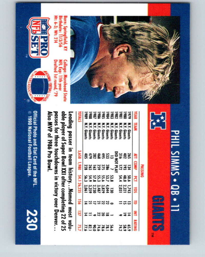 1990 Pro Set #230 Phil Simms Mint New York Giants Image 2
