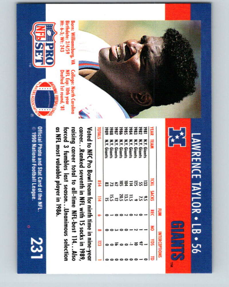 1990 Pro Set #231 Lawrence Taylor Mint New York Giants Image 2