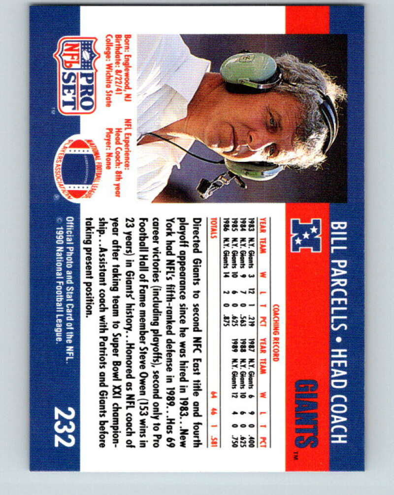 1990 Pro Set #232 Bill Parcells Mint New York Giants Image 2