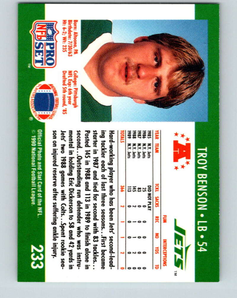 1990 Pro Set #233 Troy Benson Mint New York Jets Image 2