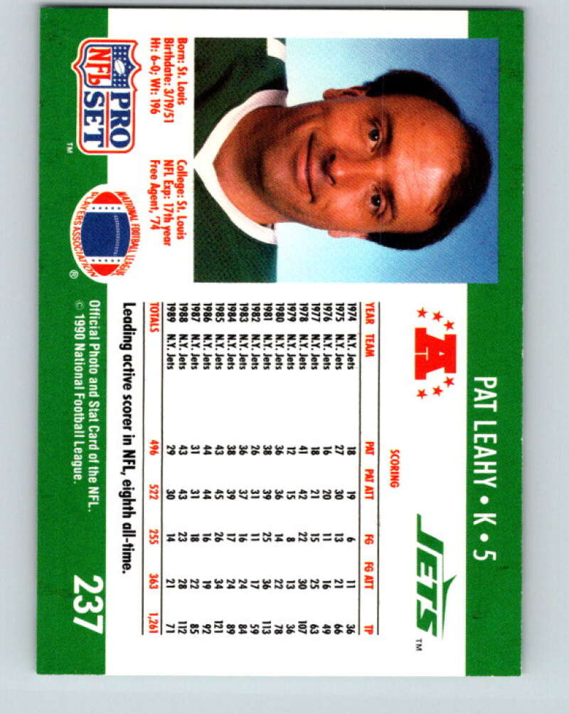 1990 Pro Set #237 Pat Leahy Mint New York Jets Image 2