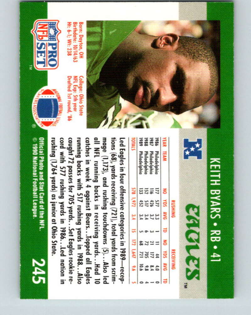 1990 Pro Set #245 Keith Byars Mint Philadelphia Eagles Image 2