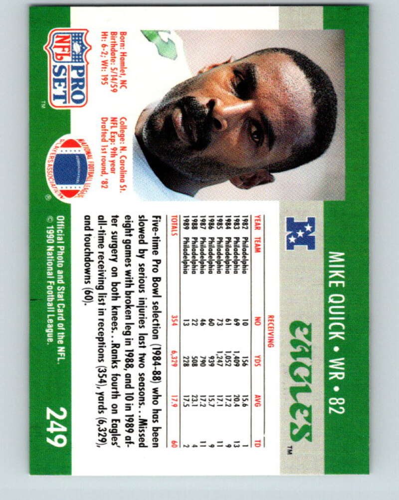 1990 Pro Set #249 Mike Quick Mint Philadelphia Eagles Image 2