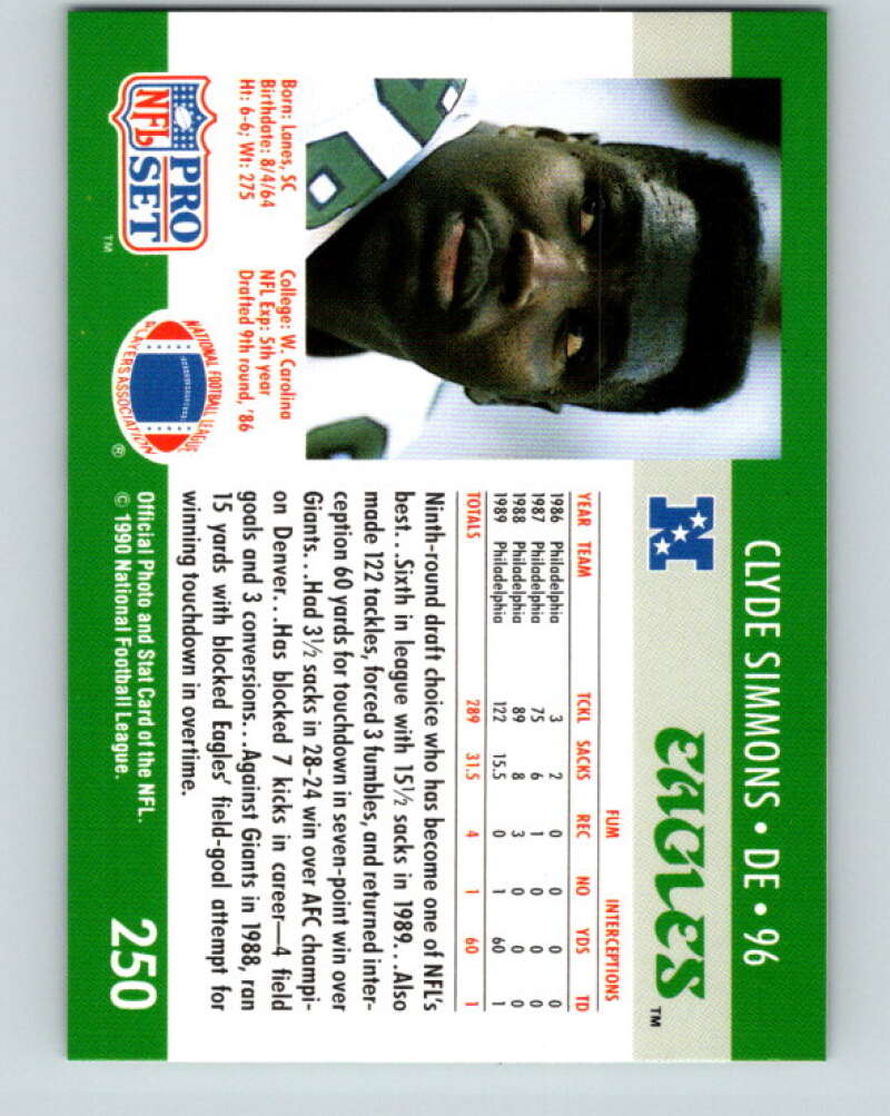 1990 Pro Set #250 Clyde Simmons Mint Philadelphia Eagles Image 2