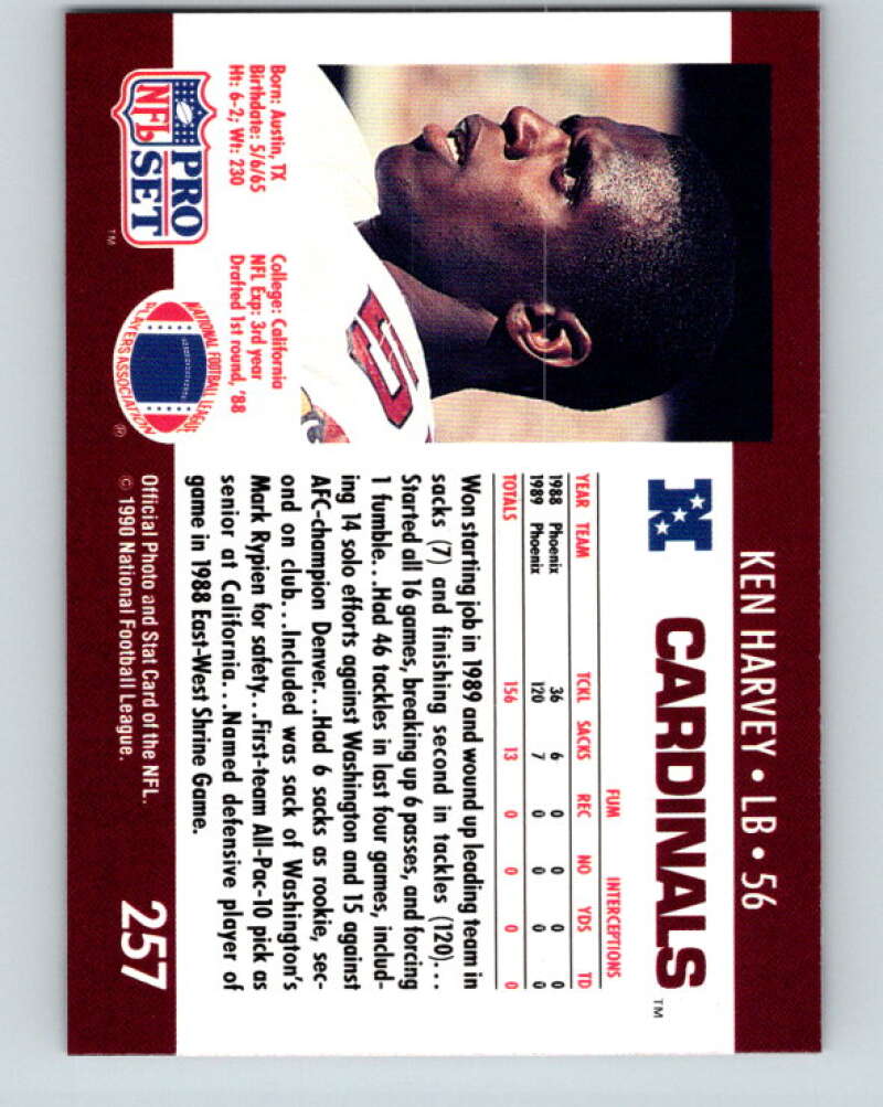 1990 Pro Set #257 Ken Harvey Mint RC Rookie Phoenix Cardinals Image 2